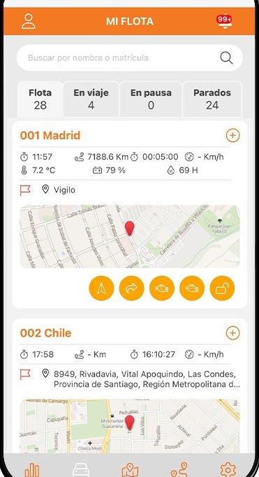 Vigilo app: My fleet list showing vehicles driving, paused and stopped