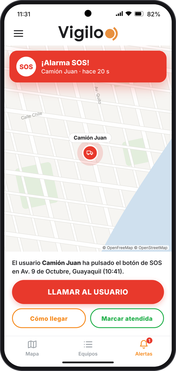 SOS alert received with buttons to call and get directions