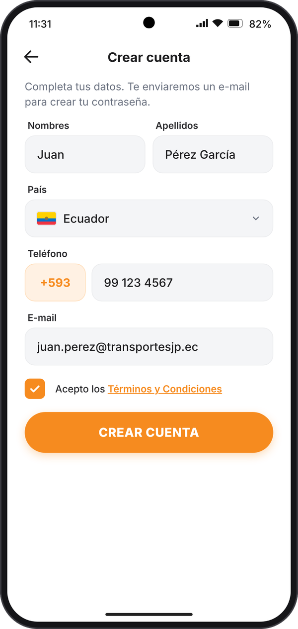 Form to create a free account in the VIGILO GPS APP