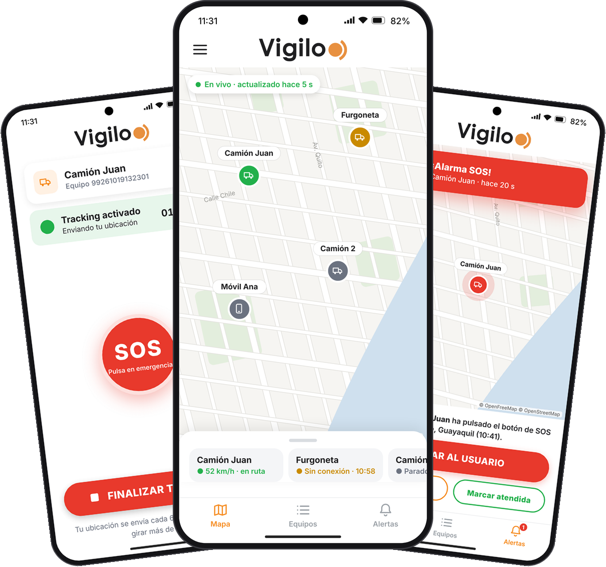 VIGILO GPS APP: map with phones in real time, SOS button and SOS alert