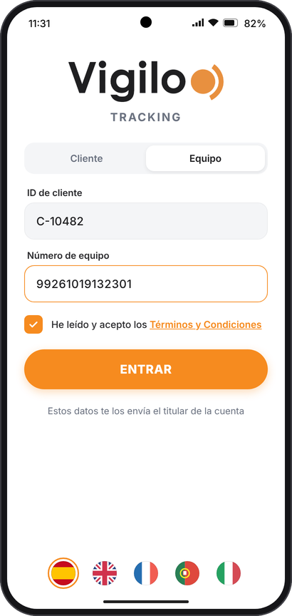 Pantalla de acceso en modo Equipo