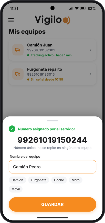 Alta de un equipo con su número asignado