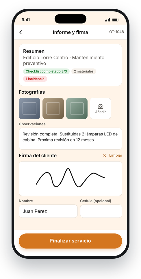 Relatório do serviço com fotos e assinatura do cliente
