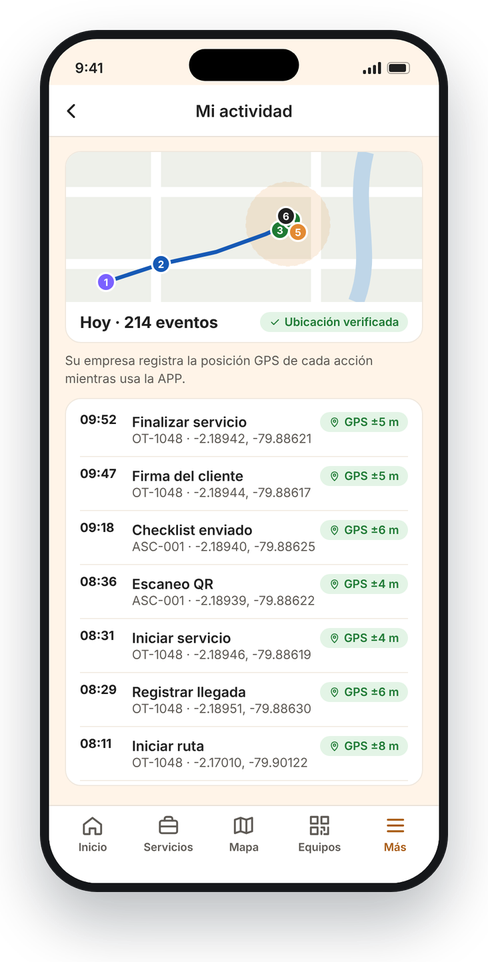 Registro de atividade do técnico com a posição GPS de cada ação