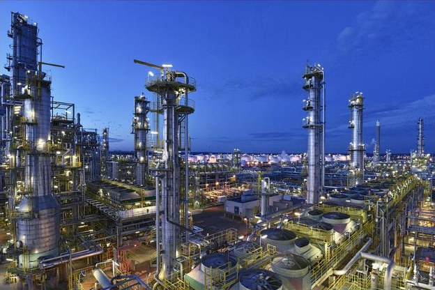 Refinery lit up at dusk